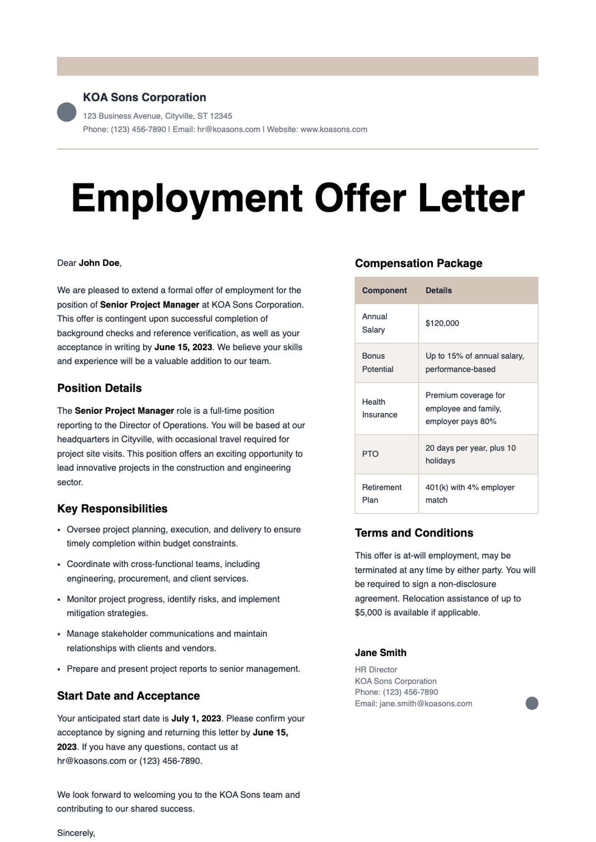 Professional job offer letter for Senior Copywriter with compensation details and company branding_variant_3